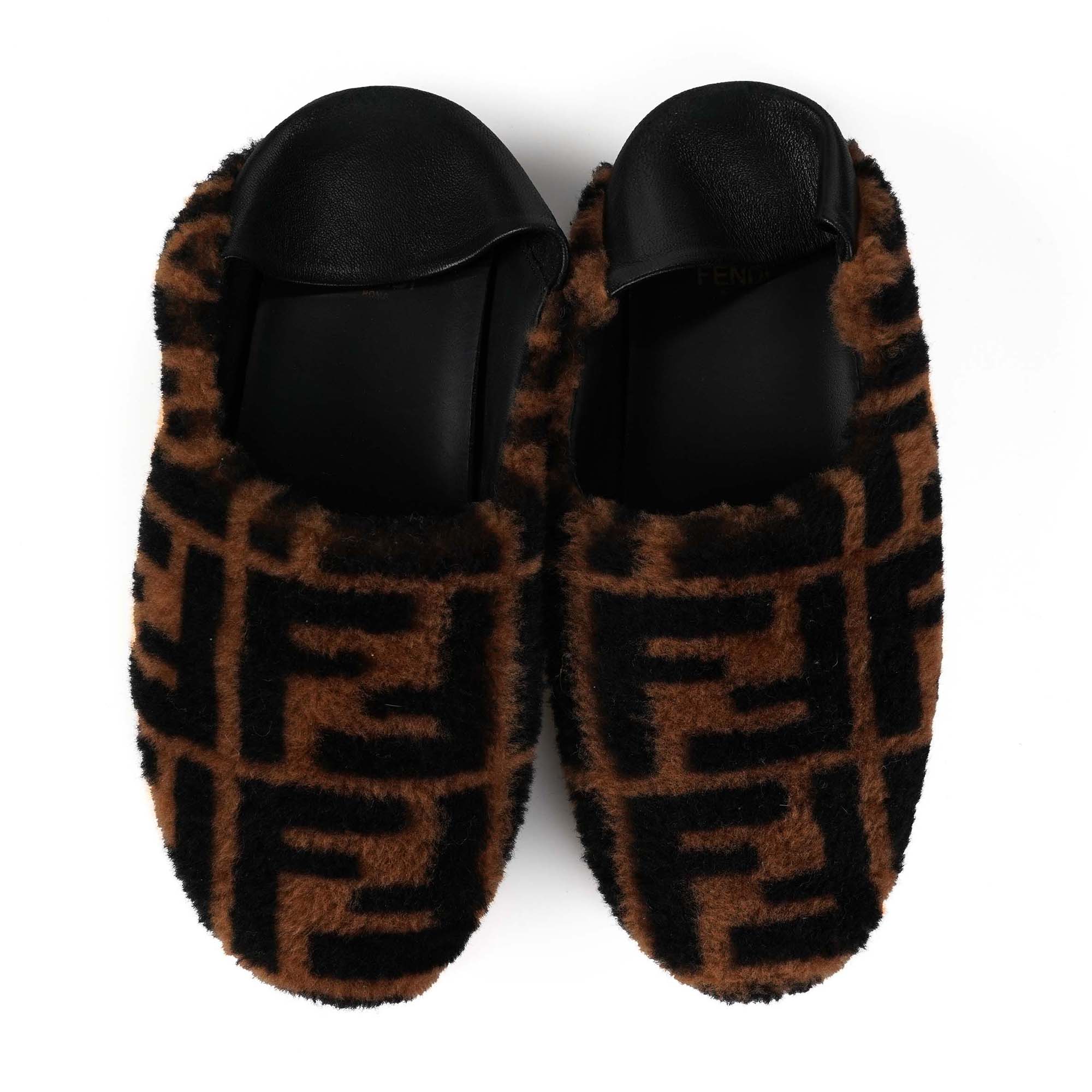 Fendi - Brown FF Logo Fur Slippers 